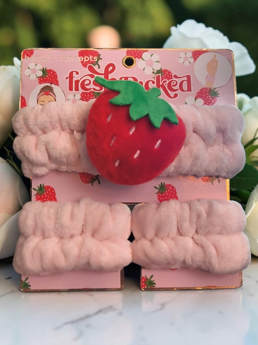 NWT. Fresh Packed Strawberry Plush Headband & Wrist Washbands